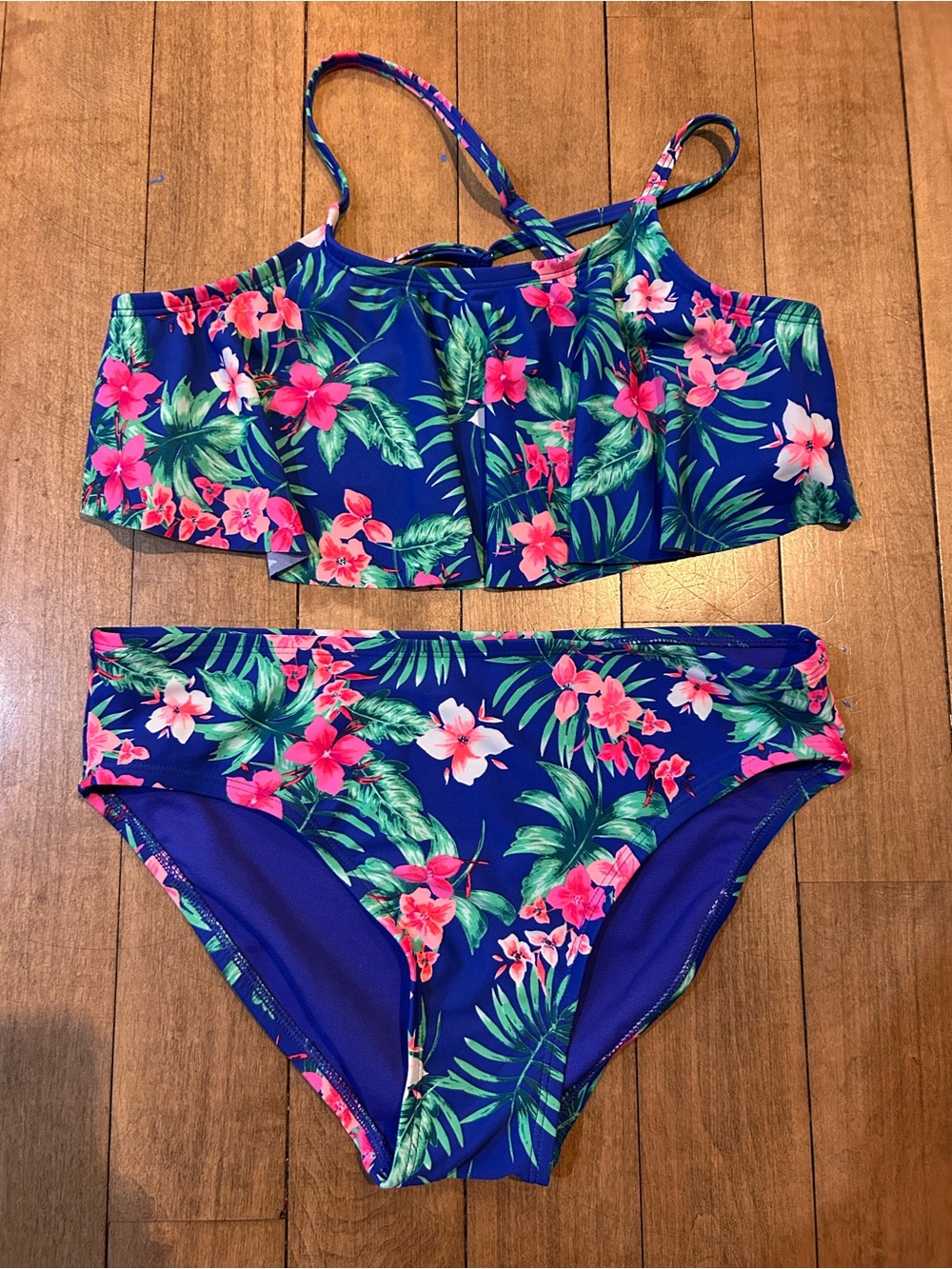 Girls Floral Ruffle Two-Piece Swim Bikini - Blue/Pink